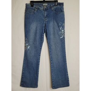 Vintage F.L. Jeans Medium Wash Embellished Sequin Floral Bootcut Denim Jeans Y2K